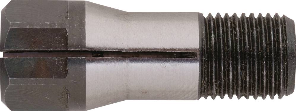 Insert fileté en métal avec une fente centrale et un filetage rainuré à droite. Utilisé pour un serrage ferme dans les machines.