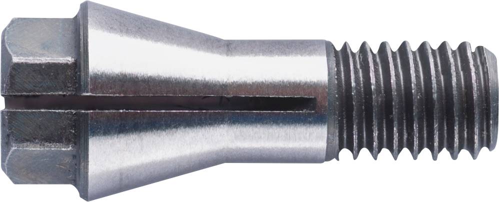 Coin métallique fileté, vu de côté. Le coin a une pointe fendue et est souvent utilisé pour fixer ou assembler des éléments.
