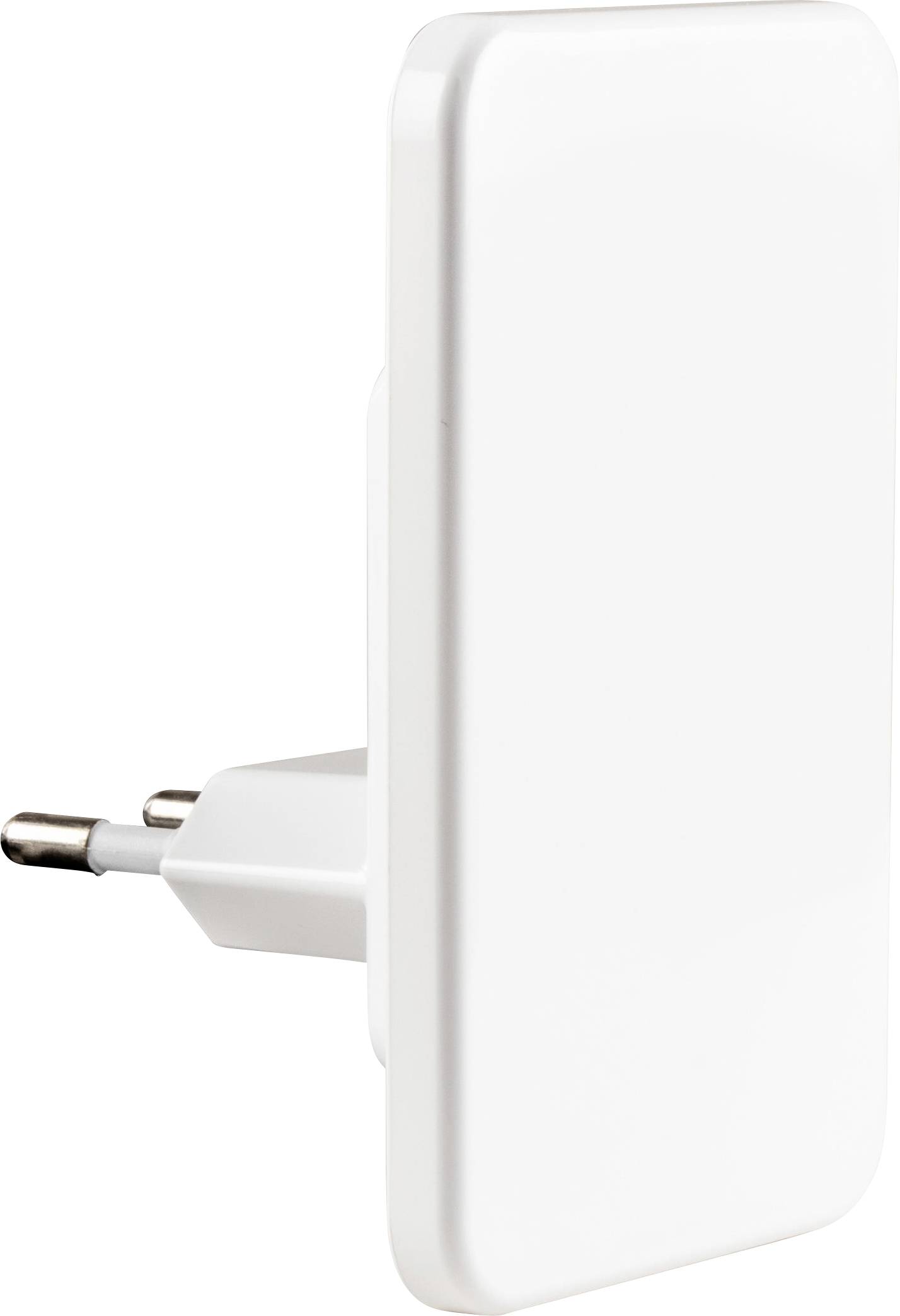 Adaptateur de prise blanc au design simple et plat, avec une fiche européenne, adapté pour une utilisation en intérieur.