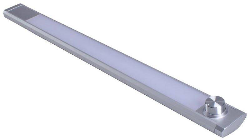 Luminaire LED rectangulaire long avec boîtier argenté et interrupteur rotatif, adapté à l'éclairage intérieur.