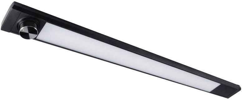 Un luminaire LED noir avec un interrupteur rond à une extrémité, adapté pour une fixation au mur ou au plafond.