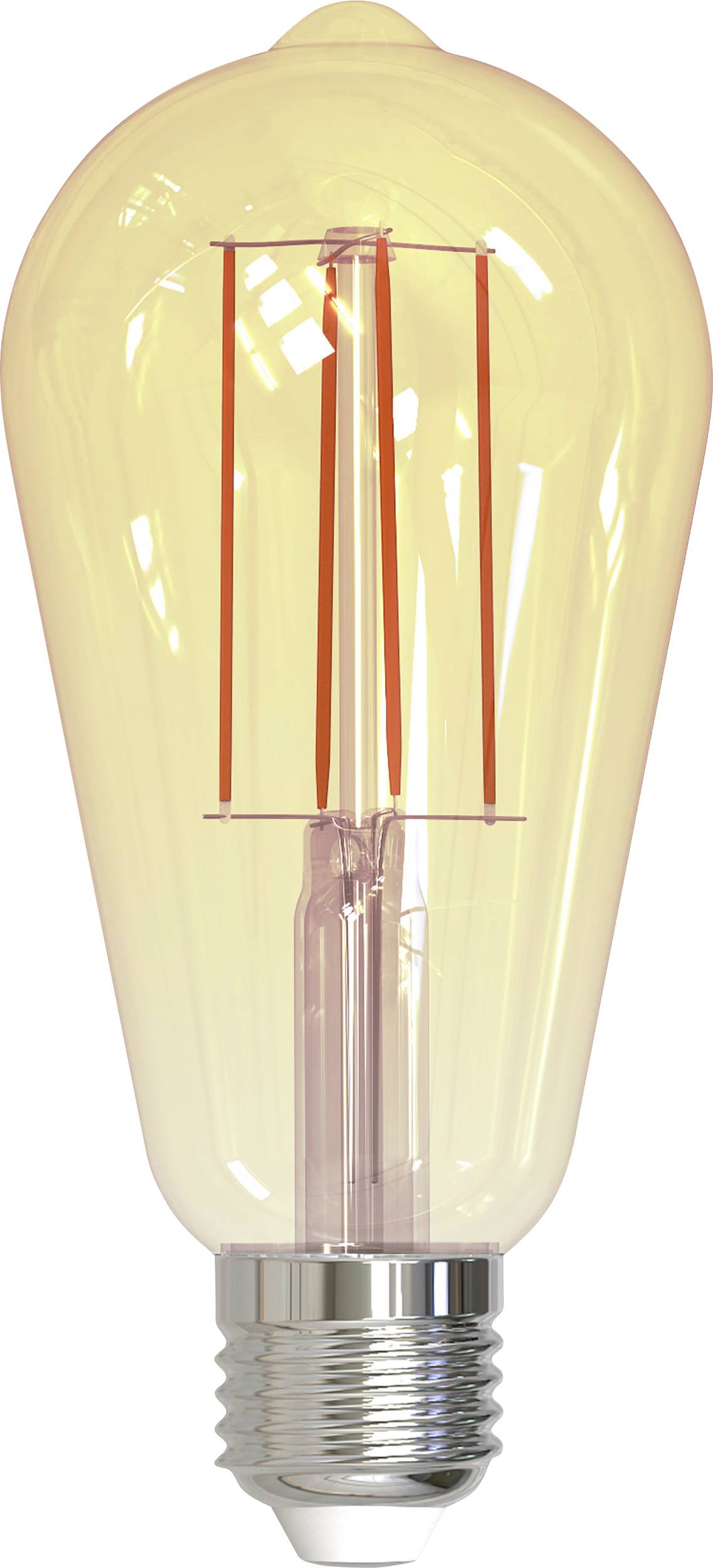 Une ampoule Edison rétro avec filament apparent, diffusant une lumière chaleureuse, sur un fond blanc.