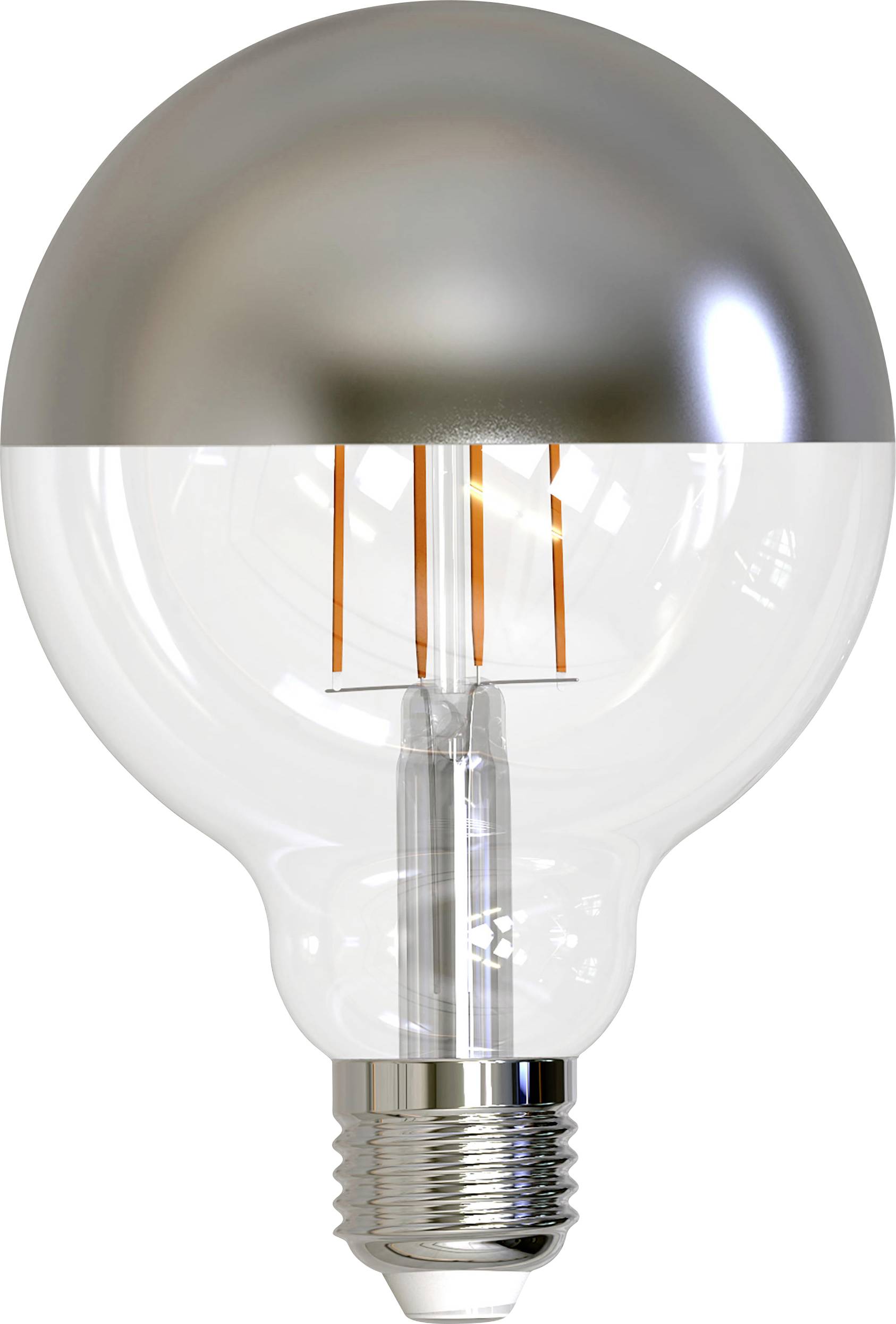 Ampoule à cupule miroir, filament apparent et douille argentée, idéale pour la diffusion lumineuse et la décoration.