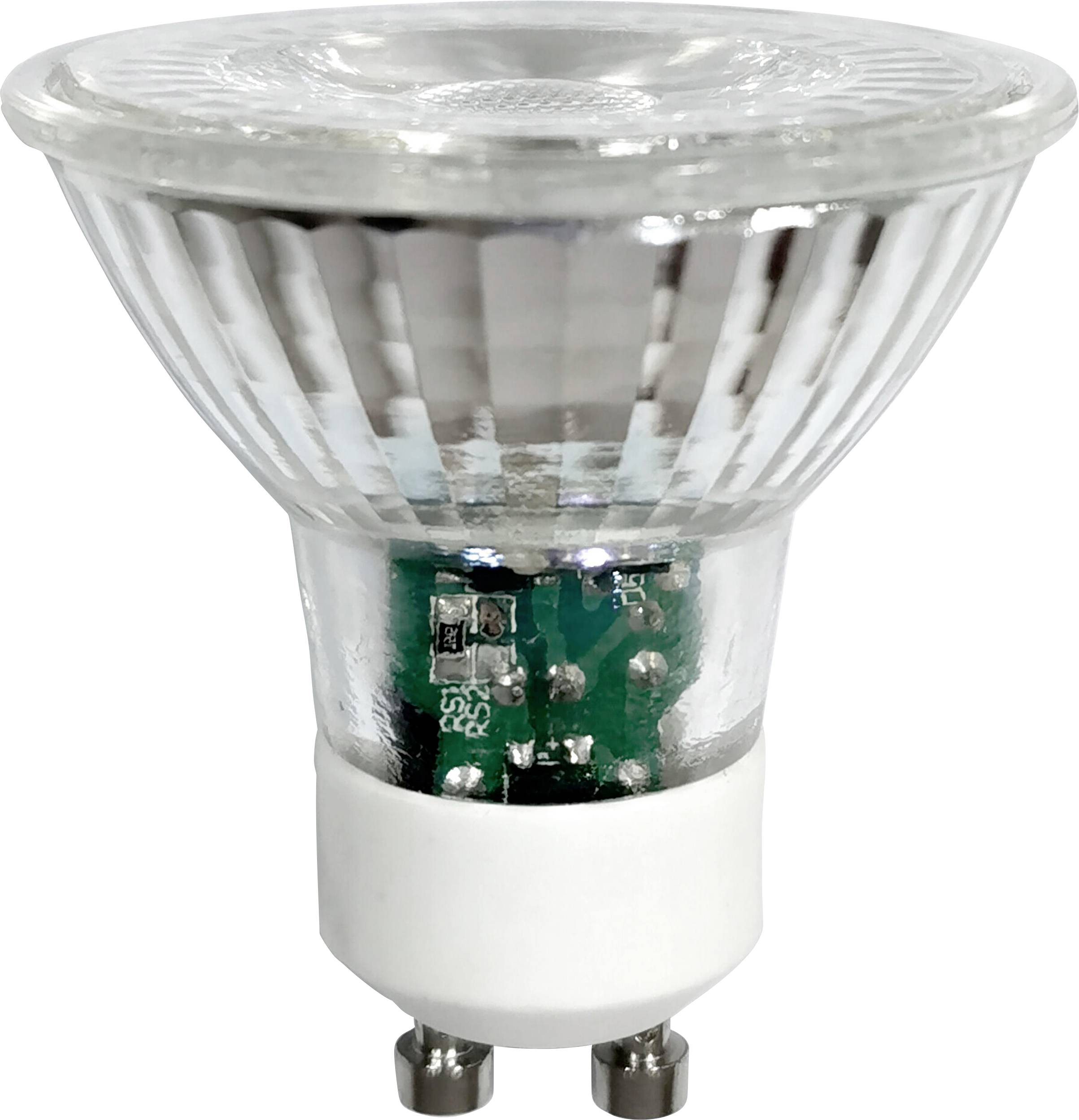 Ampoule LED claire à culot GU10, montrant un circuit imprimé vert intérieur. Économe en énergie et adaptée aux spots encastrés.