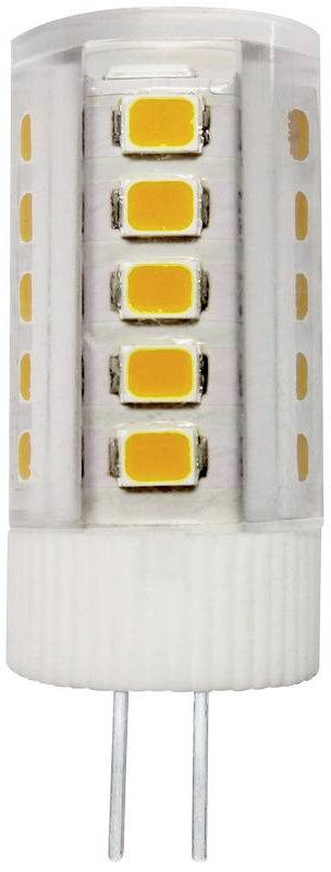 Lampe LED à culot G9, de forme cylindrique, présentant des diodes électroluminescentes jaunes à l'intérieur. Dispositif d'éclairage économe en énergie pour usage domestique.