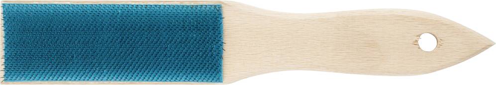 Brosse en bois avec partie à poils bleus, forme rectangulaire et manche arrondi avec trou de suspension, sur fond blanc.