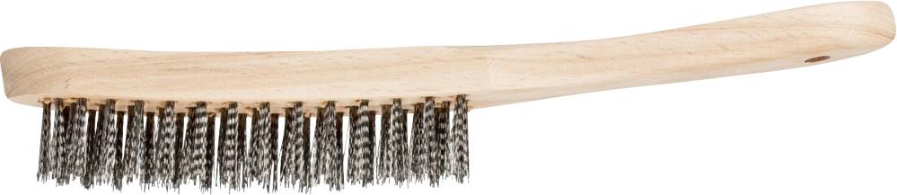 Brosse métallique à manche en bois avec des poils métalliques densément disposés. Adaptée pour nettoyer la rouille ou la peinture sur des surfaces métalliques.