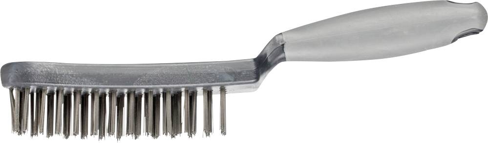 Brosse métallique avec manche gris et poils denses, vue de côté.