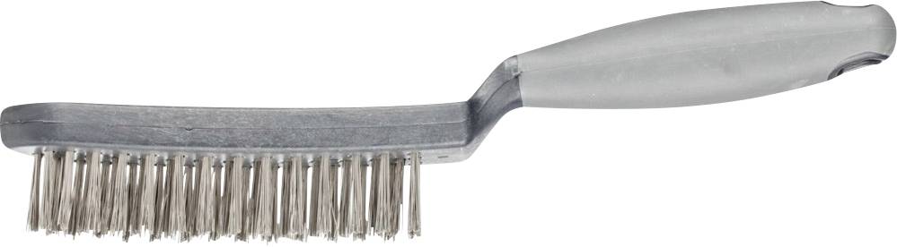 Brosse métallique à poignée grise et poils métalliques raides, adaptée au nettoyage de surfaces dures ou à l'élimination de rouille.