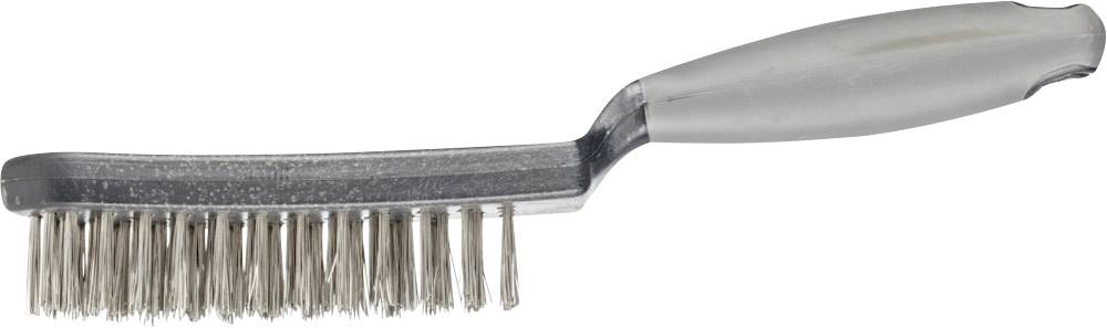 Brosse métallique à long manche et poils denses, adaptée au nettoyage des grilles de barbecue ou de surfaces robustes.