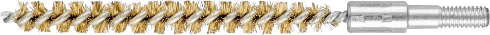 Brosse de nettoyage marron avec manche en métal, placée latéralement sur un fond blanc. Utilisée pour nettoyer des tuyaux ou des filetages.