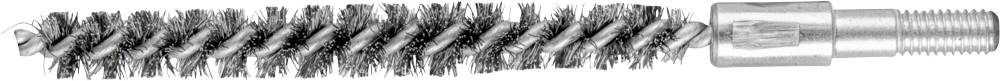 Petite brosse circulaire avec des poils métalliques et un filetage à vis, typique pour les travaux de nettoyage ou l'entretien des tuyaux.