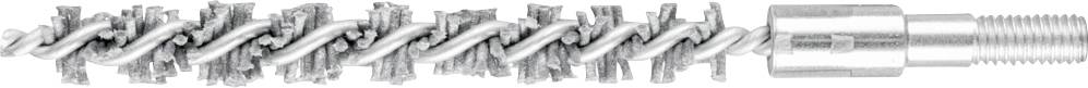 Embout de brosse métallique avec des poils épais et spiralés, et un filetage pour la fixation à un outil.