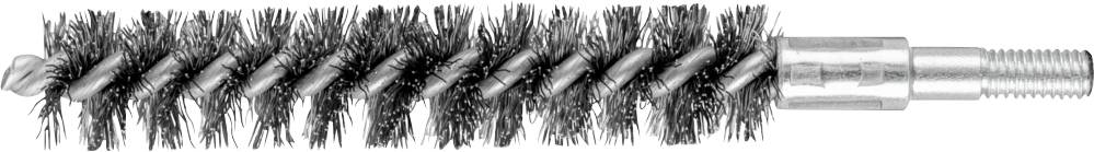Brosse de nettoyage avec des poils métalliques et une poignée métallique, souvent utilisée pour nettoyer des tuyaux ou des surfaces intérieures.
