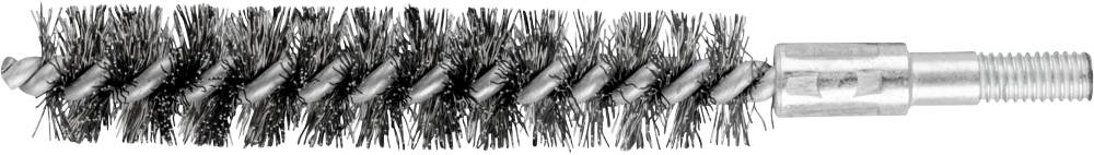 Une brosse métallique rotative cylindrique avec des poils en spirale, conçue pour nettoyer des tuyaux ou des endroits difficiles d'accès.