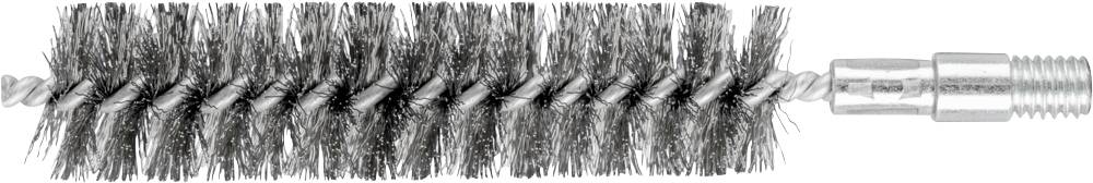 Une brosse métallique à poils spiralés avec un filetage à une extrémité, utilisée pour nettoyer des tuyaux ou des cylindres.