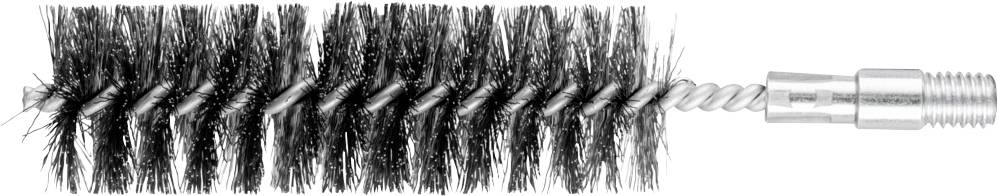 Brosse noire cylindrique avec poignée métallique, poils disposés en spirale, adaptée au nettoyage des tubes ou des bouteilles.