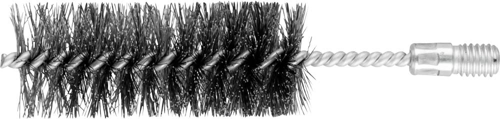 Brosse métallique à tête de poils noirs et manche en métal, utilisée pour nettoyer des tuyaux ou des espaces étroits.