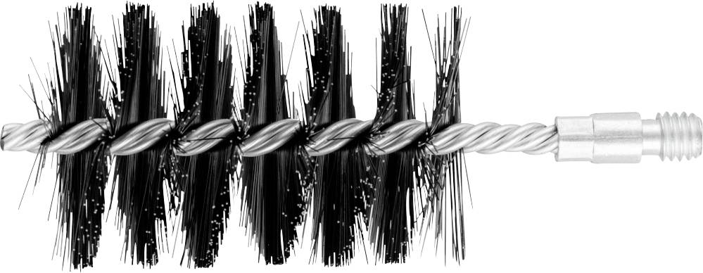 Brosse de nettoyage avec des poils noirs et un manche en métal, adaptée pour un nettoyage approfondi des tuyaux ou des espaces étroits.