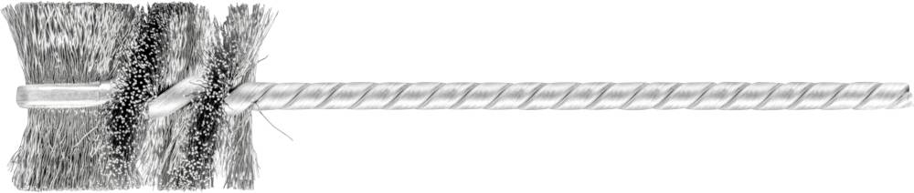 Brosse métallique à fil d'acier avec des poils disposés en spirale et une poignée droite. Principalement utilisée pour le nettoyage ou le traitement de surface.