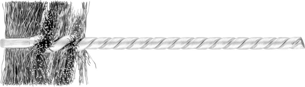 Brosse de nettoyage avec des poils à gauche et une tige métallique torsadée à droite. Utilisée pour nettoyer et préparer les surfaces métalliques.
