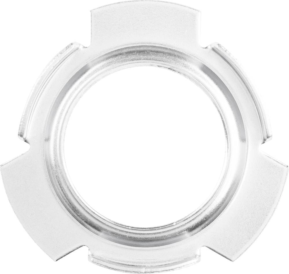 Une pièce en plastique transparente, circulaire, avec quatre découpes réparties uniformément, se trouve au centre de l'image.