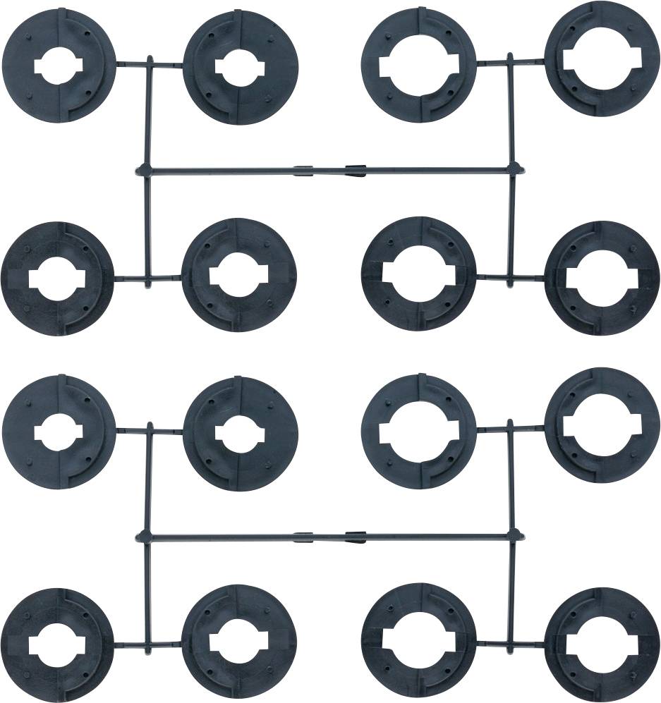 Pièces circulaires en plastique disposées de manière symétrique, reliées par des tiges droites, sur fond blanc.