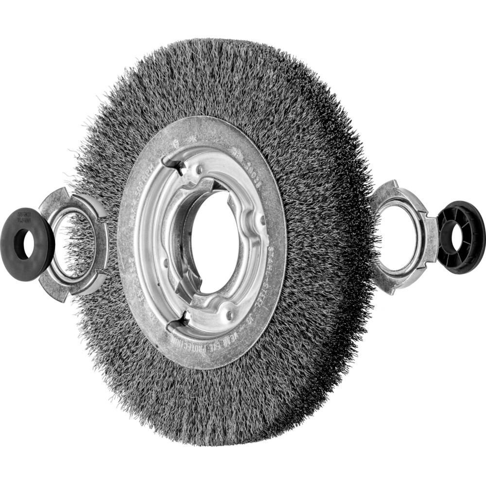 Une brosse métallique ronde avec des poils en métal et un trou central, adaptée pour éliminer la rouille et la peinture sur les surfaces métalliques.