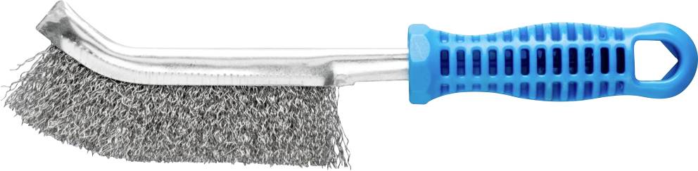 Brosse métallique avec manche en acier coudé et poignée en plastique bleu, adaptée au nettoyage des surfaces métalliques.