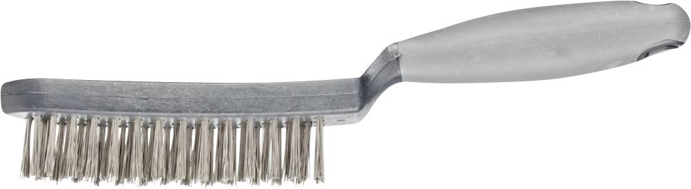 Brosse métallique avec manche gris et poils en fil de fer, vue latérale.
