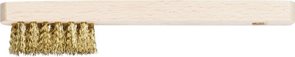 Brosse en bois avec des poils courts et durs en laiton, adaptée au nettoyage des surfaces métalliques.