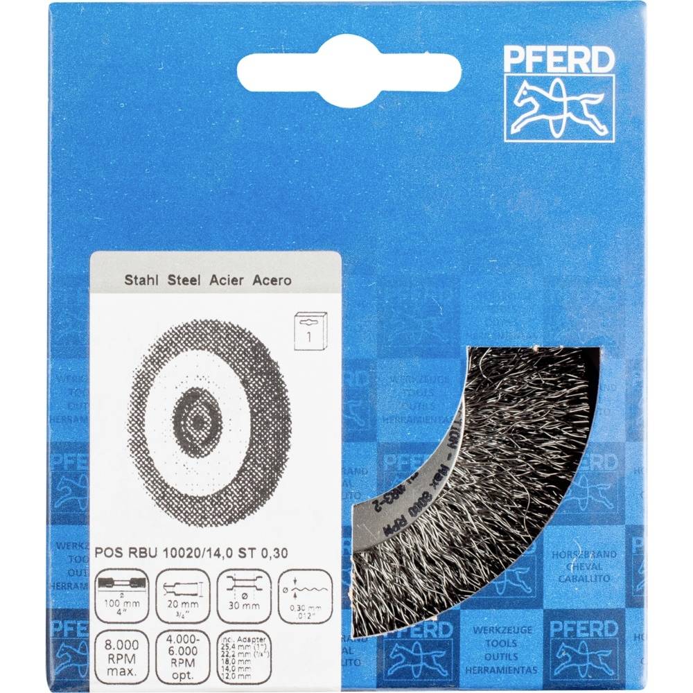 Brosse métallique PFERD en emballage. Adaptée pour des vitesses de rotation maximales de 8 000 tr/min.