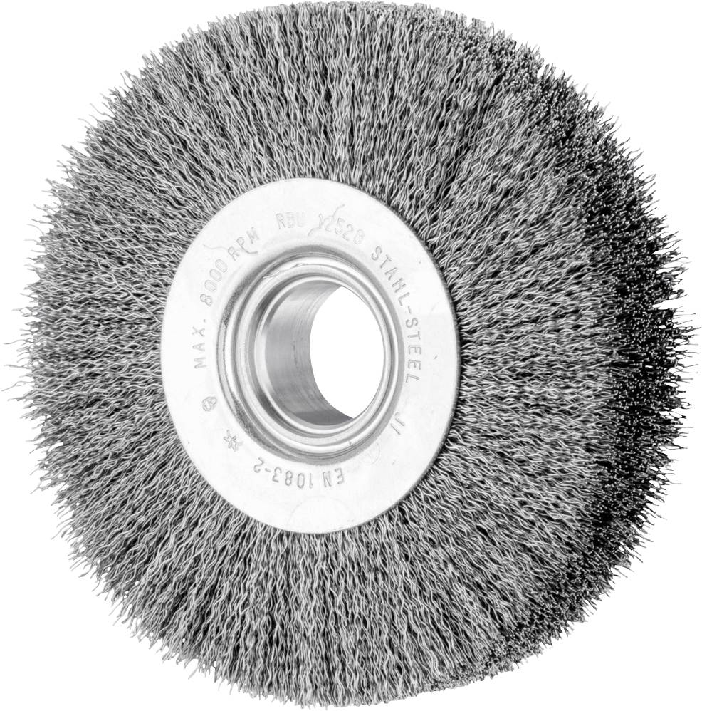 Brosse métallique circulaire avec poils en acier et noyau métallique, adaptée pour l'usinage des métaux et le nettoyage de surfaces.
