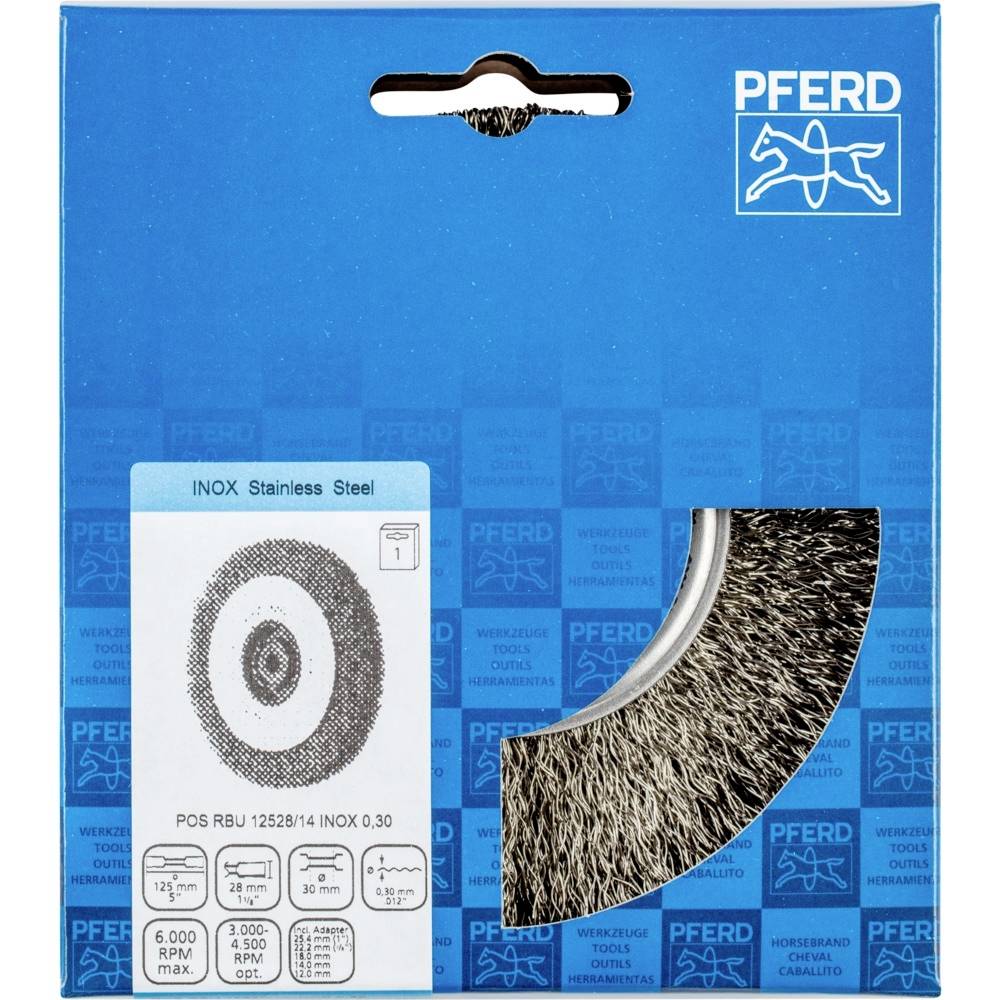 Brosse métallique PFERD RBU 125/14 INOX 0,30 en acier inoxydable dans un emballage bleu, adaptée à une vitesse maximale de 6 000 tr/min. Idéale pour les travaux de meulage sur métaux.