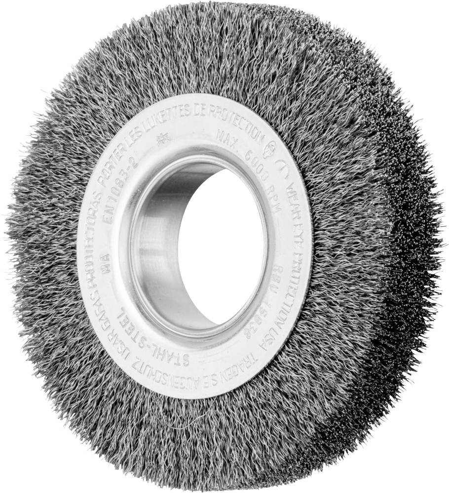 Roue à brosse métallique avec garniture de brosse dense et radiale. Adapté pour les travaux de meulage et de nettoyage sur surfaces métalliques.