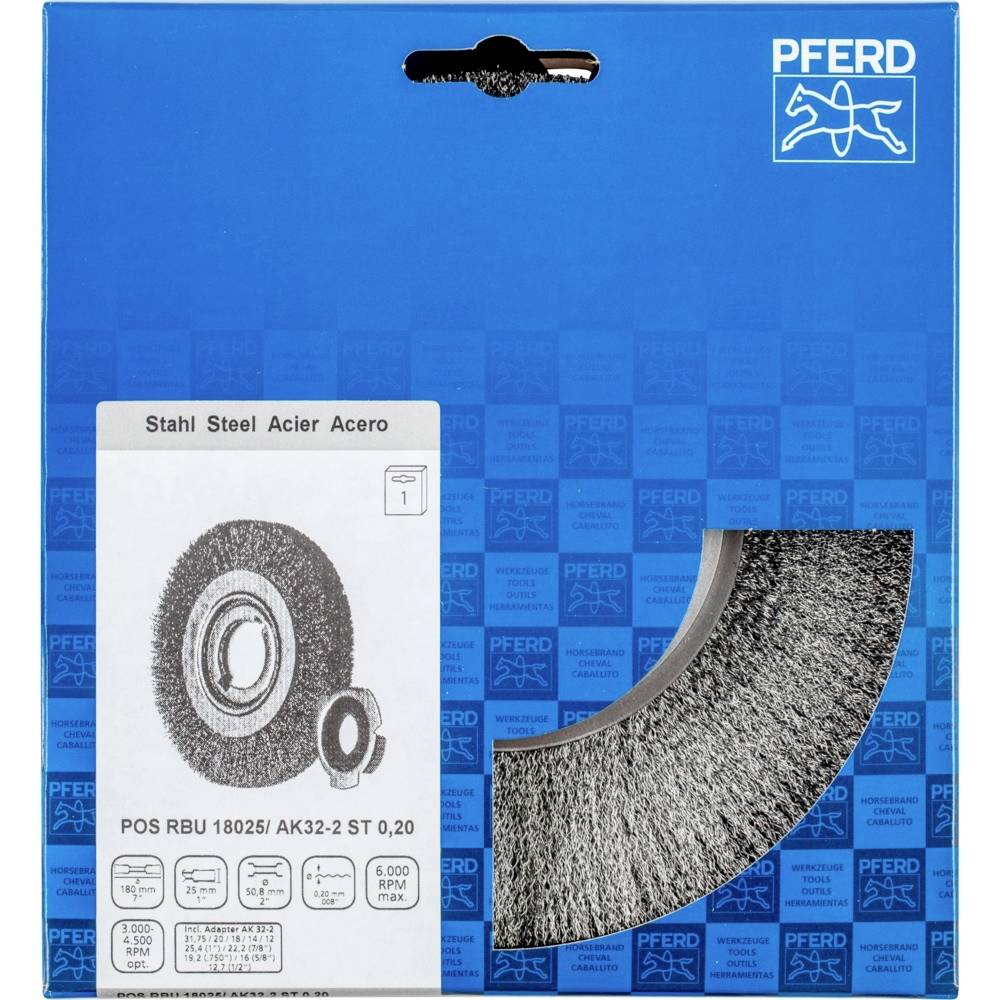 Emballage d'une brosse métallique de PFERD. Contient une illustration du produit et des détails techniques tels que la taille et le matériau. Fond bleu.