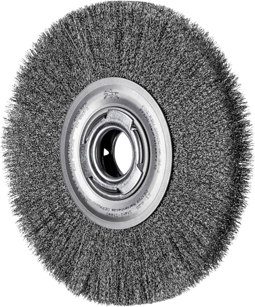 Brosse circulaire à poils métalliques, adaptée pour le nettoyage et le ponçage de surfaces.