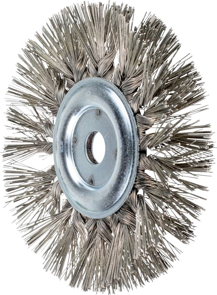 Brosse métallique à poils ronds et avec un manche métallique, utilisée pour des travaux de nettoyage intensif ou de décapage sur diverses surfaces.