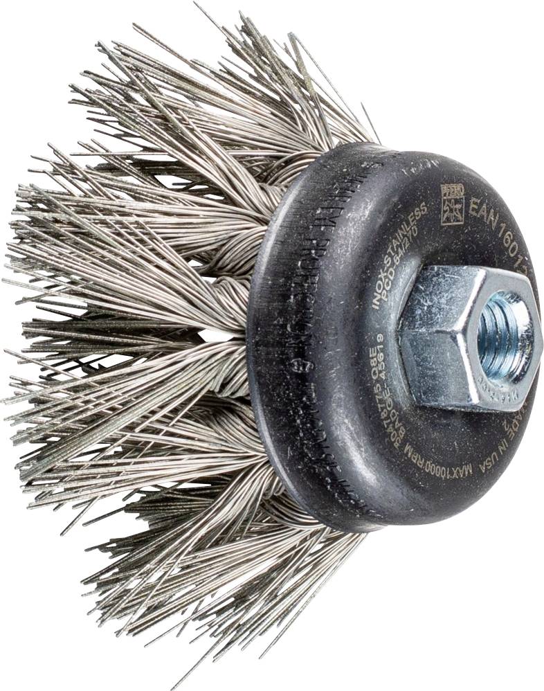 Brosse métallique ronde avec poils en métal et écrou hexagonal, adaptée aux travaux de meulage, de nettoyage ou de décapage de rouille.