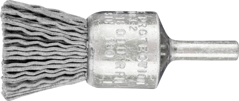 Brosse métallique à tête cylindrique et longues soies grises, adaptée au nettoyage de surfaces ou au décapage de pièces métalliques.