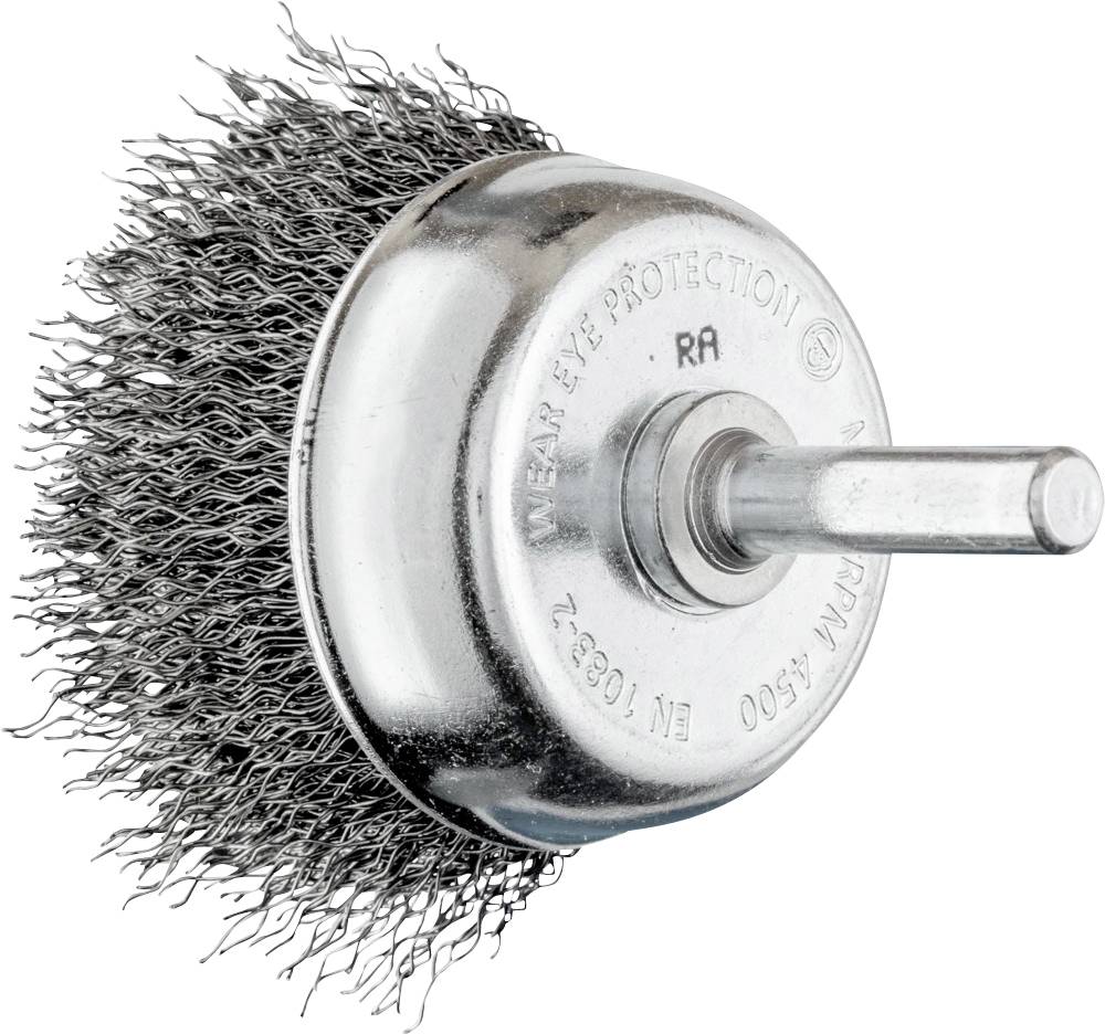 Brosse métallique ronde avec des poils en métal et un manche, à utiliser avec des perceuses pour poncer ou décaper des surfaces.