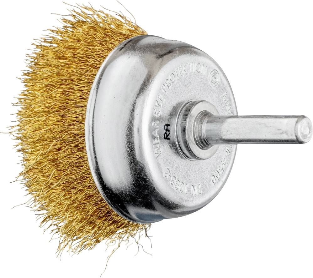 Brosse rotative métallique avec des poils tournants destinée au nettoyage ou au polissage de surfaces, montée sur un axe métallique.