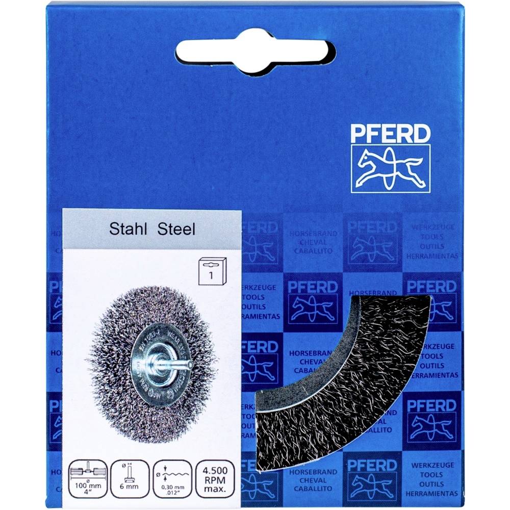 Brosse métallique en acier, marque PFERD. L'emballage présente une brosse ronde en acier, adaptée à une vitesse maximale de 4 500 tr/min, diamètre 100 mm.