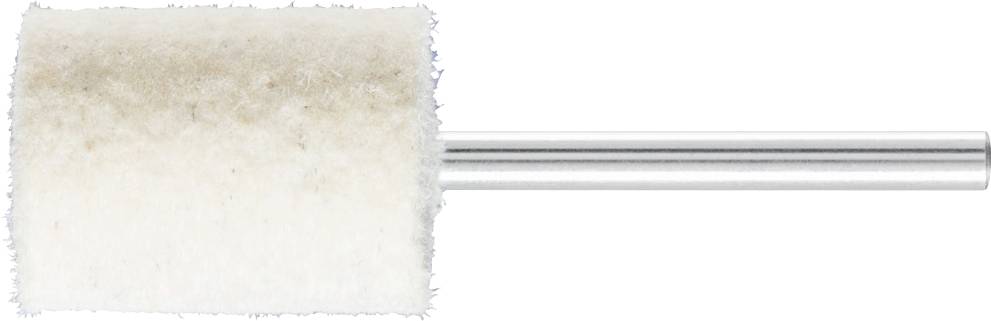 Un polissoir cylindrique en feutre avec tige métallique, utilisé pour polir ou rectifier des surfaces fines dans le métallurgie.