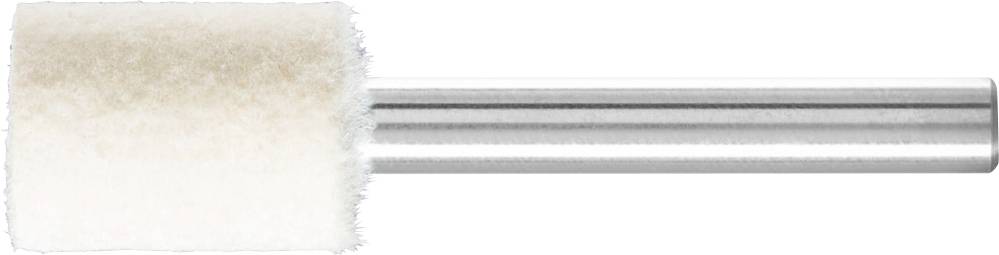 Embout de polissage avec tête cylindrique en feutre et manche métallique argenté ; utilisé pour la finition fine et le polissage de surfaces.