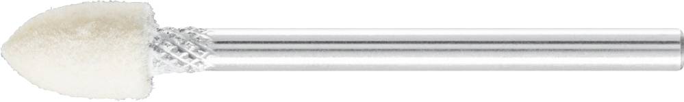 Une tige métallique cylindrique avec une tête abrasive blanche se terminant en pointe ; utilisée pour limer dans le cadre des soins des ongles.