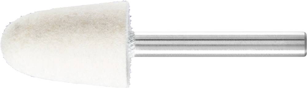 Un embout cylindrique blanc avec un manche en métal, souvent utilisé pour des travaux de précision tels que le meulage ou le polissage.