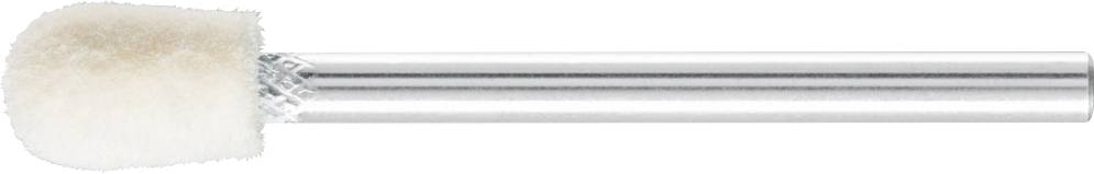 Un outil cylindrique en argent avec une boule duvetée blanche à une extrémité, probablement un embout de polissage.