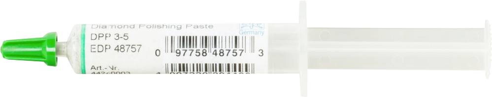 Une seringue avec un capuchon vert, étiquetée 'Diamond Polishing Paste DPP 3-5'. Elle contient une pâte de polissage pour un usinage de précision.