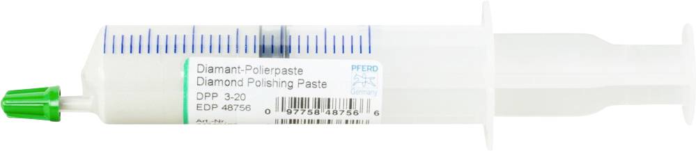Une seringue portant l'inscription « Pâte de polissage Diamant » avec une échelle sur le côté.